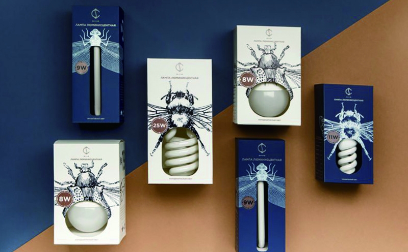 燈具插畫包裝設(shè)計(jì),包裝色彩上采用白色和藍(lán)色的搭配,增加品牌的品質(zhì)感