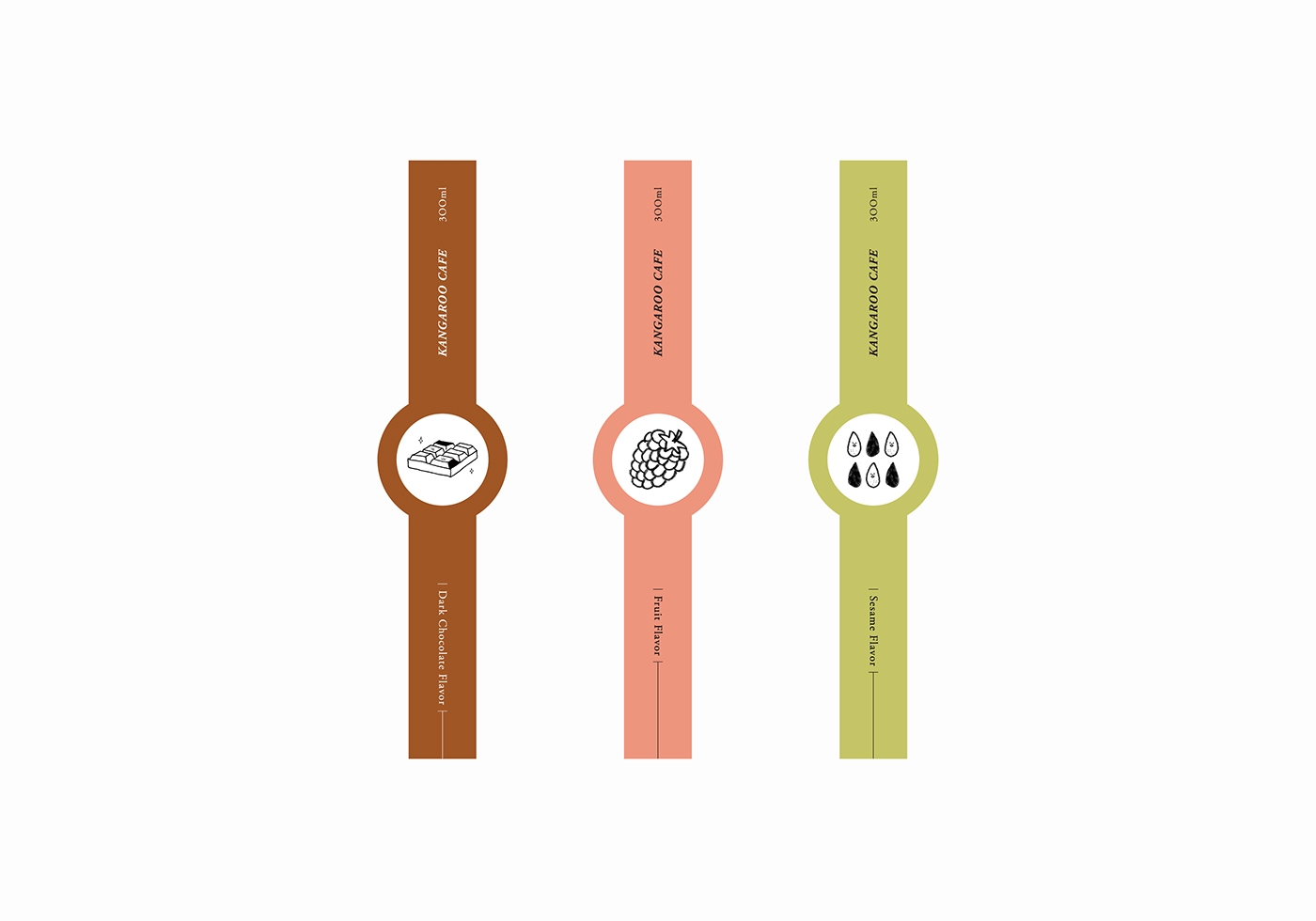 黑巧克力、水果風味、芝麻歐蕾三種不同的咖啡包裝設計